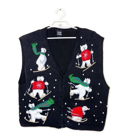 Vtg JACQUE & KOKO Women's Black‎ Polar Bear Skiing Christmas Sweater Vest 22/24 - Picture 1 of 5